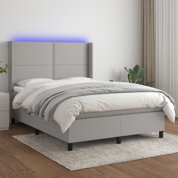 vidaXL Boxspringbett mit Matratze &amp; LED Hellgrau 140x200 cm Stoff