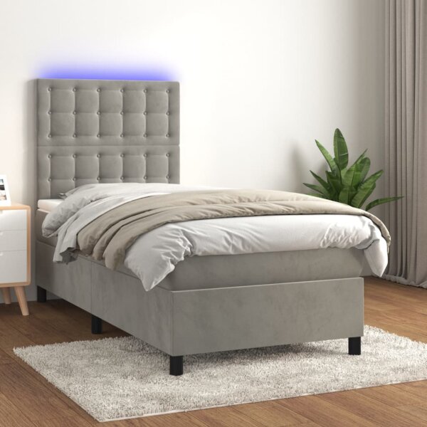 vidaXL Boxspringbett mit Matratze &amp; LED Hellgrau 90x200 cm Samt