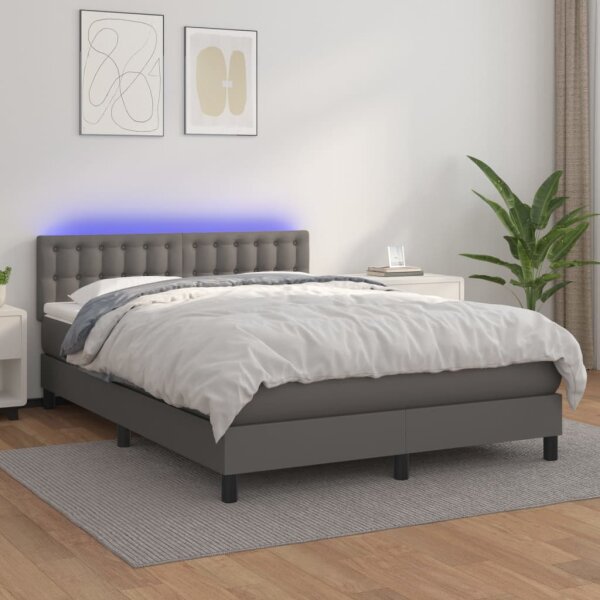 vidaXL Boxspringbett mit Matratze &amp; LED Grau 140x190 cm Kunstleder