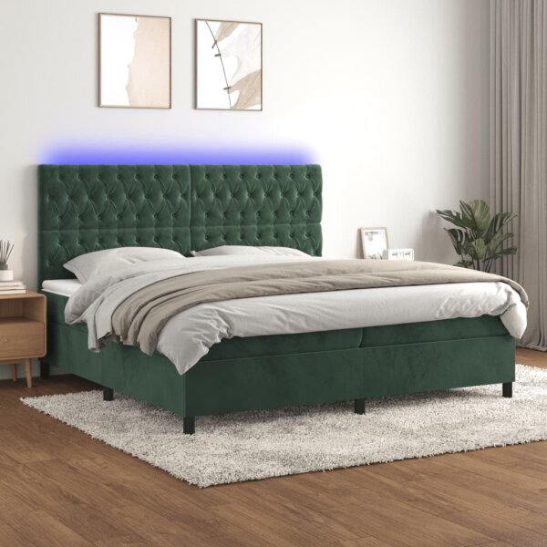 vidaXL Boxspringbett mit Matratze &amp; LED Dunkelgr&uuml;n 200x200 cm Samt