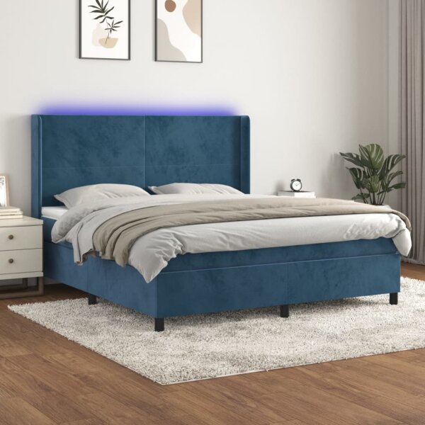 vidaXL Boxspringbett mit Matratze &amp; LED Dunkelblau 160x200 cm Samt