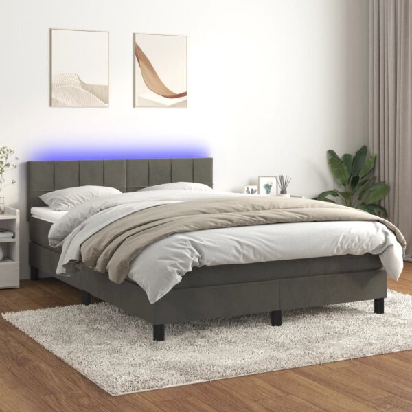 vidaXL Boxspringbett mit Matratze &amp; LED Dunkelgrau 140x200 cm Samt