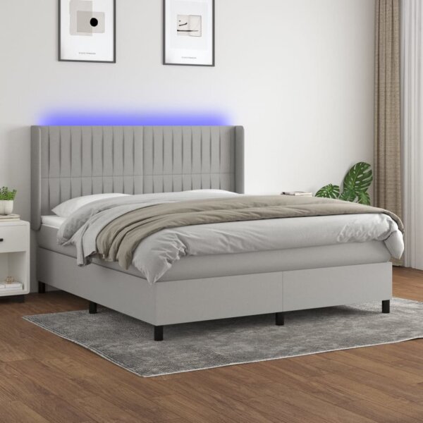 WOWONA Boxspringbett mit Matratze &amp; LED Hellgrau 160x200 cm Stoff