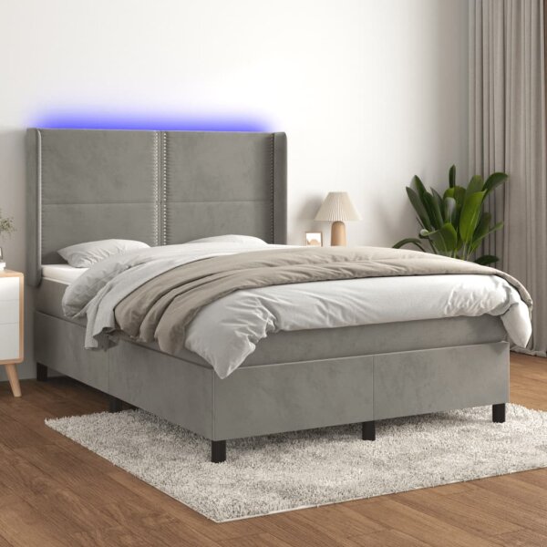 vidaXL Boxspringbett mit Matratze &amp; LED Hellgrau 140x190 cm Samt