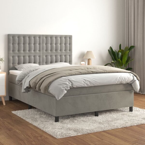 WOWONA Boxspringbett mit Matratze Hellgrau 140x190 cm Samt