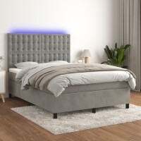 WOWONA Boxspringbett mit Matratze &amp; LED Hellgrau 140x190 cm Samt