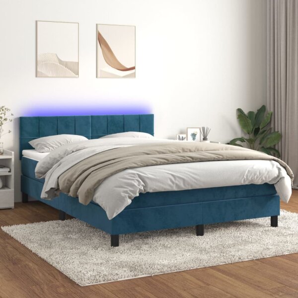 WOWONA Boxspringbett mit Matratze &amp; LED Dunkelblau 140x200 cm Samt