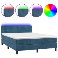 WOWONA Boxspringbett mit Matratze &amp; LED Dunkelblau 140x200 cm Samt