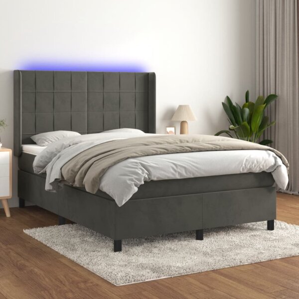 vidaXL Boxspringbett mit Matratze &amp; LED Dunkelgrau 140x190 cm Samt