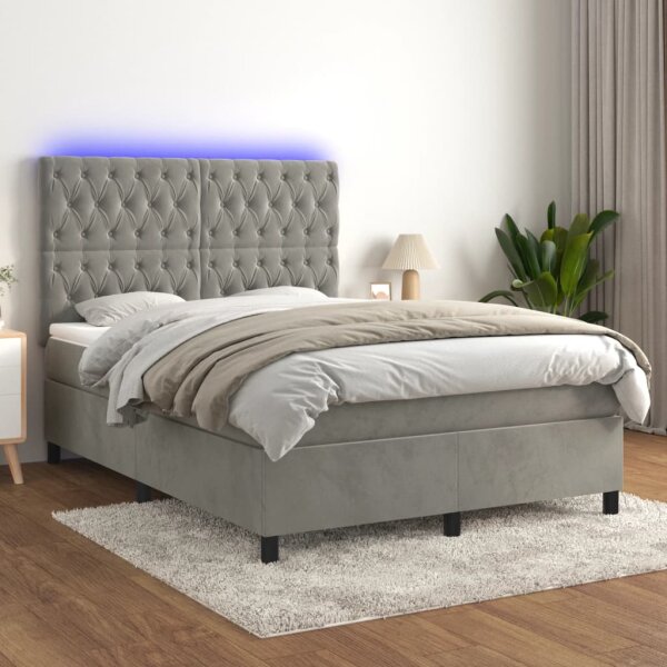 vidaXL Boxspringbett mit Matratze &amp; LED Hellgrau 140x200 cm Samt