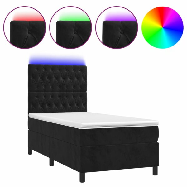 vidaXL Boxspringbett mit Matratze &amp; LED Schwarz 90x200 cm Samt