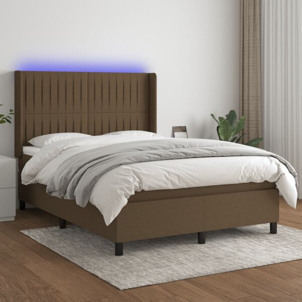 WOWONA Boxspringbett mit Matratze &amp; LED Dunkelbraun 140x190 cm Stoff