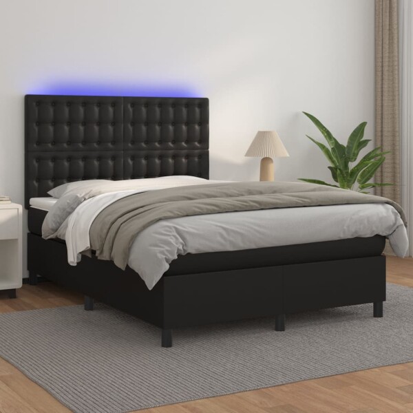 WOWONA Boxspringbett mit Matratze &amp; LED Schwarz 140x200 cm Kunstleder