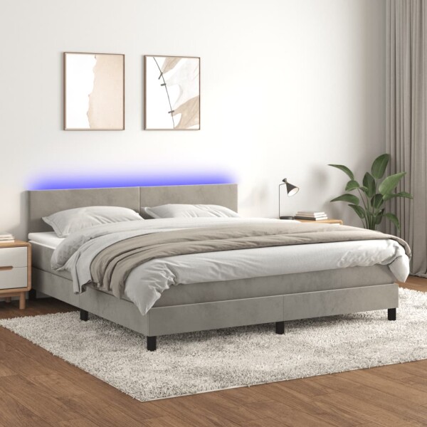 WOWONA Boxspringbett mit Matratze &amp; LED Hellgrau 180x200 cm Samt