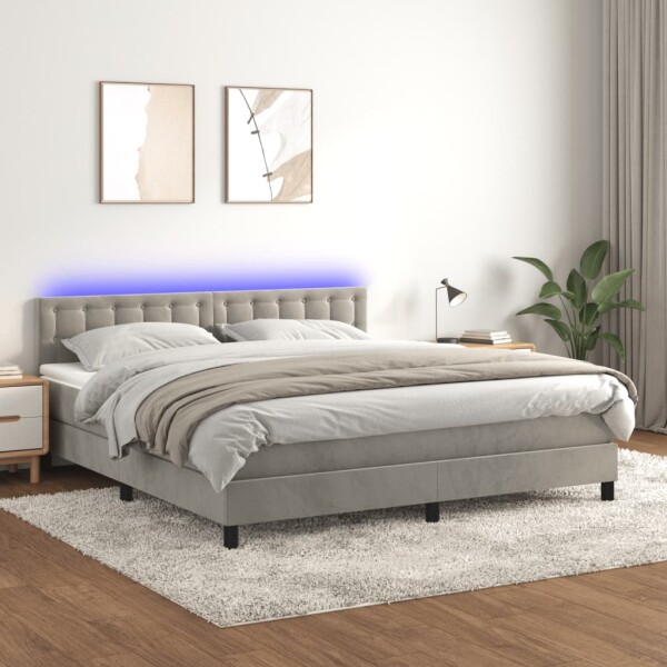 vidaXL Boxspringbett mit Matratze &amp; LED Hellgrau 180x200 cm Samt