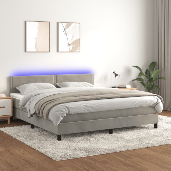 vidaXL Boxspringbett mit Matratze &amp; LED Hellgrau 180x200 cm Samt