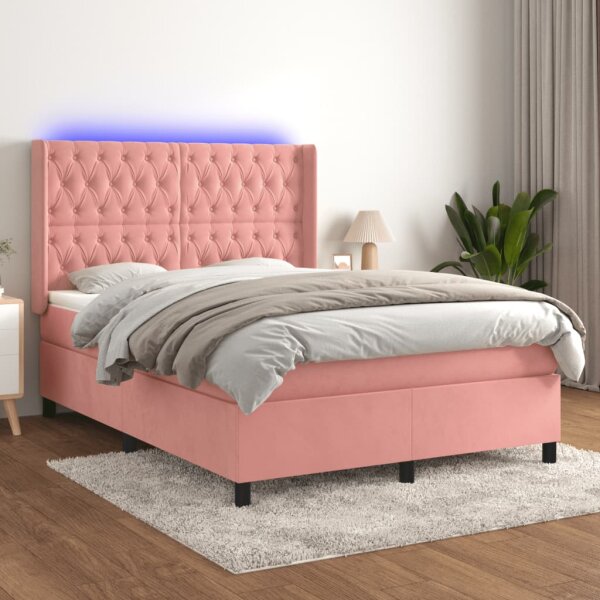 vidaXL Boxspringbett mit Matratze &amp; LED Rosa 140x200 cm Samt