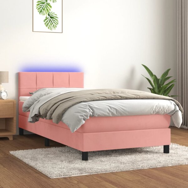 vidaXL Boxspringbett mit Matratze &amp; LED Rosa 90x200 cm Samt