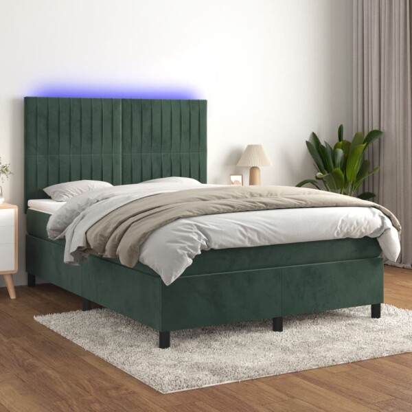 vidaXL Boxspringbett mit Matratze &amp; LED Dunkelgr&uuml;n 140x200 cm Samt