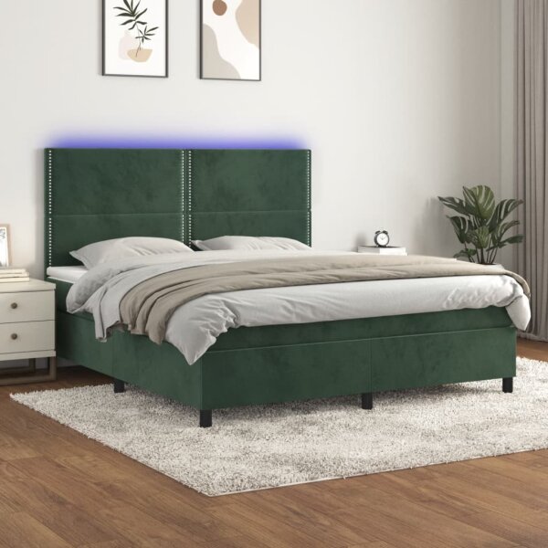 vidaXL Boxspringbett mit Matratze &amp; LED Dunkelgr&uuml;n 160x200 cm Samt