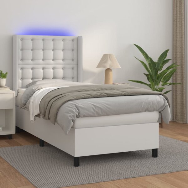 WOWONA Boxspringbett mit Matratze &amp; LED Wei&szlig; 90x190 cm Kunstleder