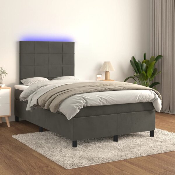 vidaXL Boxspringbett mit Matratze &amp; LED Dunkelgrau 120x200 cm Samt