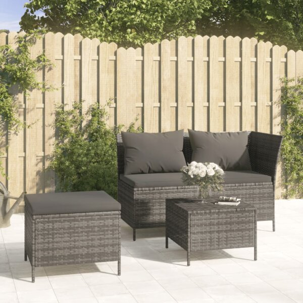 vidaXL 3-tlg. Garten-Lounge-Set mit Kissen Grau Poly Rattan