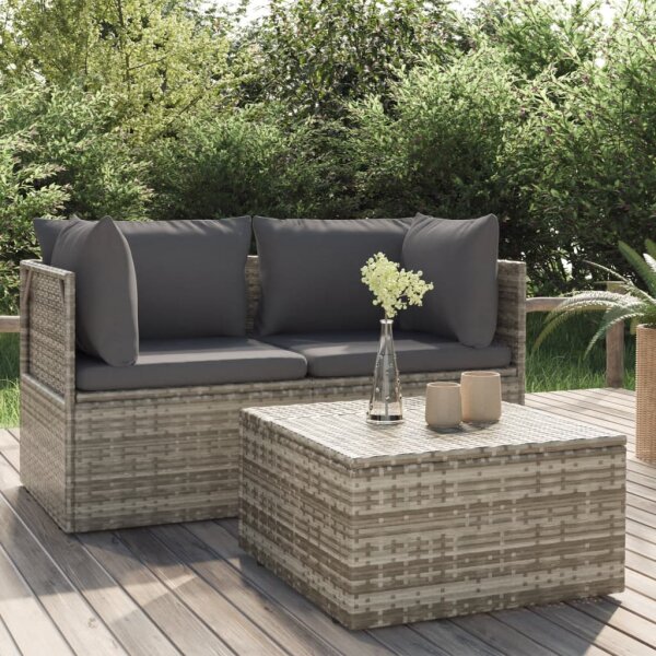 vidaXL 3-tlg. Garten-Lounge-Set mit Kissen Grau Poly Rattan