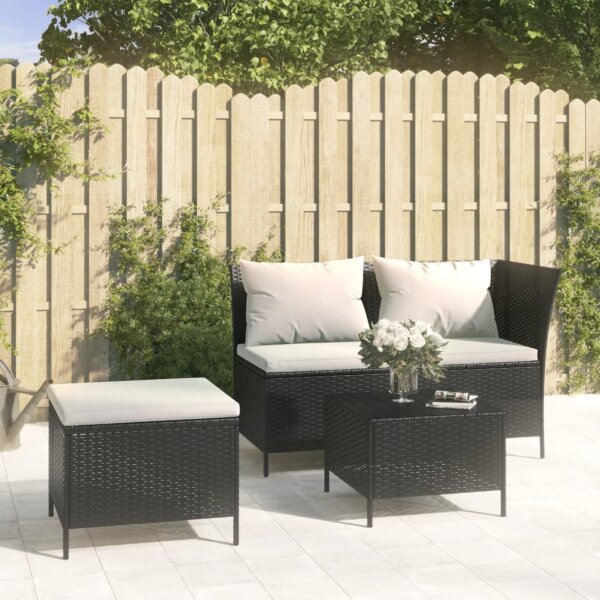 vidaXL 3-tlg. Garten-Lounge-Set mit Kissen Schwarz Poly Rattan