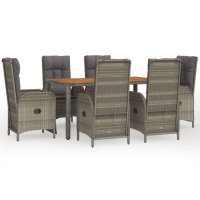 vidaXL 7-tlg. Garten-Essgruppe mit Kissen Grau Poly Rattan