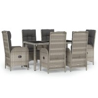 vidaXL 7-tlg. Garten-Essgruppe mit Kissen Grau Poly Rattan