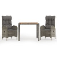 vidaXL 3-tlg. Garten-Essgruppe mit Kissen Grau Poly Rattan