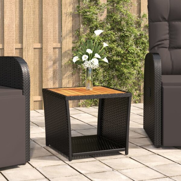 vidaXL Beistelltisch mit Holzplatte Schwarz Poly Rattan &amp; Akazienholz