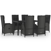 vidaXL 7-tlg. Garten-Essgruppe mit Kissen Schwarz Poly Rattan