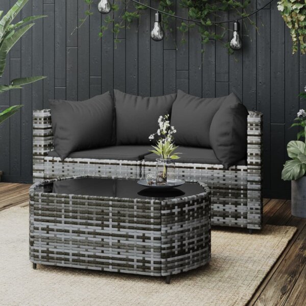 vidaXL 3-tlg. Garten-Lounge-Set mit Kissen Grau Poly Rattan