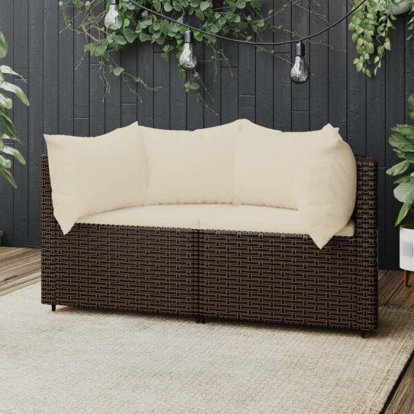 vidaXL Garten-Ecksofas mit Kissen 2 Stk. Braun Poly Rattan