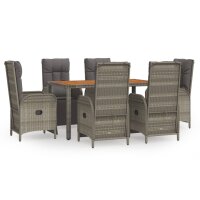 vidaXL 7-tlg. Garten-Essgruppe mit Kissen Grau Poly Rattan