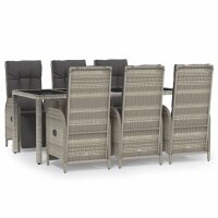 vidaXL 7-tlg. Garten-Essgruppe mit Kissen Grau Poly Rattan