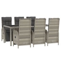 vidaXL 7-tlg. Garten-Essgruppe mit Kissen Grau Poly Rattan