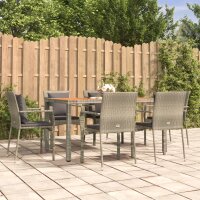 vidaXL 7-tlg. Garten-Essgruppe mit Kissen Grau Poly Rattan