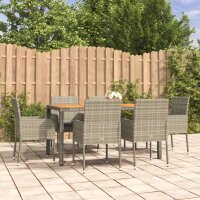 vidaXL 7-tlg. Garten-Essgruppe mit Kissen Grau Poly Rattan