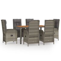 vidaXL 7-tlg. Garten-Essgruppe mit Kissen Grau Poly Rattan