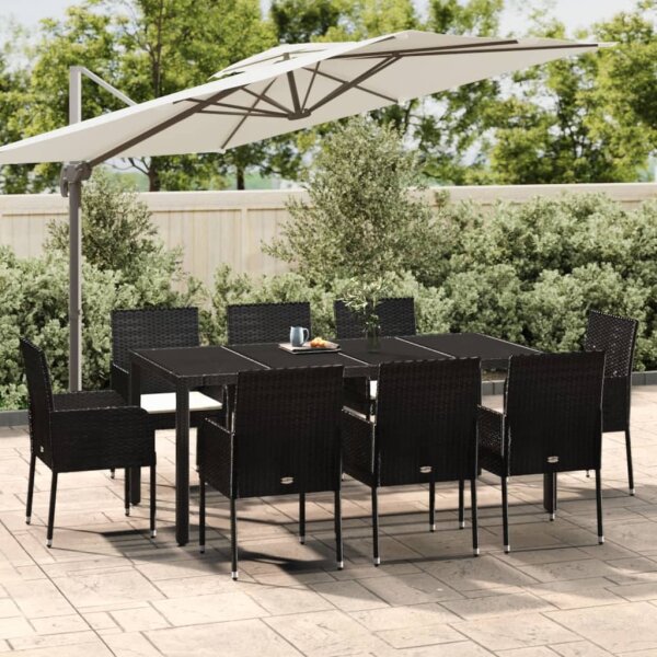 vidaXL 9-tlg. Garten-Essgruppe mit Kissen Schwarz Poly Rattan