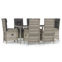 vidaXL 7-tlg. Garten-Essgruppe mit Kissen Grau Poly Rattan