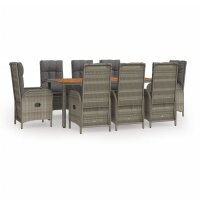 vidaXL 9-tlg. Garten-Essgruppe mit Kissen Grau Poly Rattan