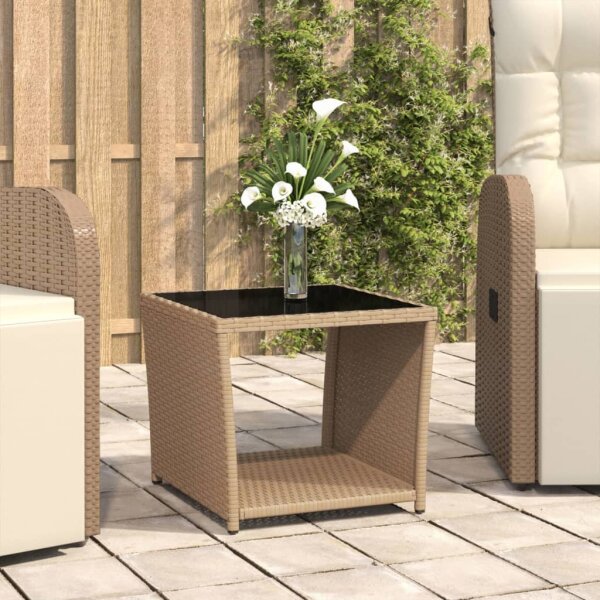 vidaXL Beistelltisch mit Glasplatte Beige Poly Rattan &amp; Hartglas