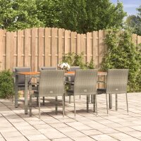 vidaXL 7-tlg. Garten-Essgruppe mit Kissen Grau Poly Rattan