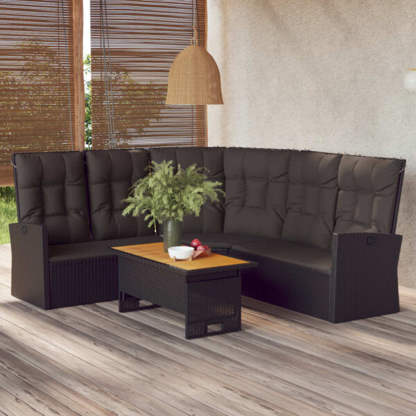 vidaXL Ecksofa mit Liegefunktion und Kissen Schwarz Poly Rattan