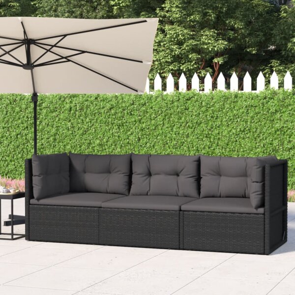 vidaXL 3-tlg. Garten-Lounge-Set mit Kissen Schwarz Poly Rattan