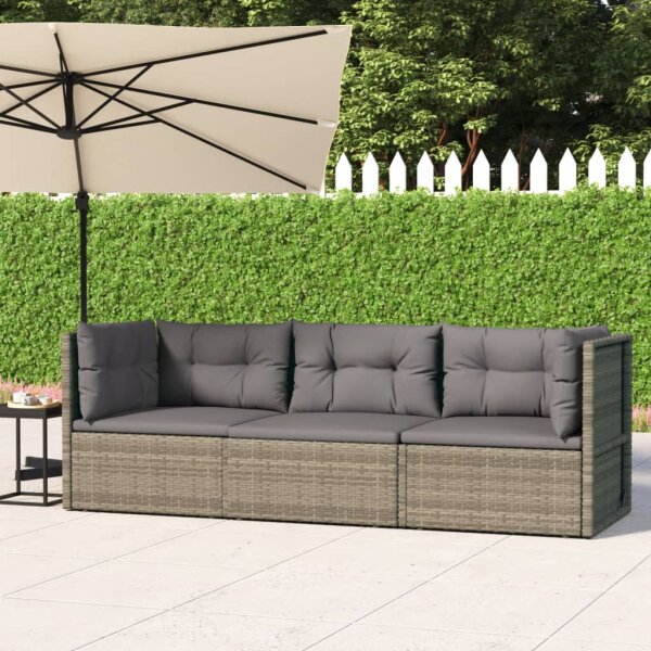 vidaXL 3-tlg. Garten-Lounge-Set mit Kissen Grau Poly Rattan